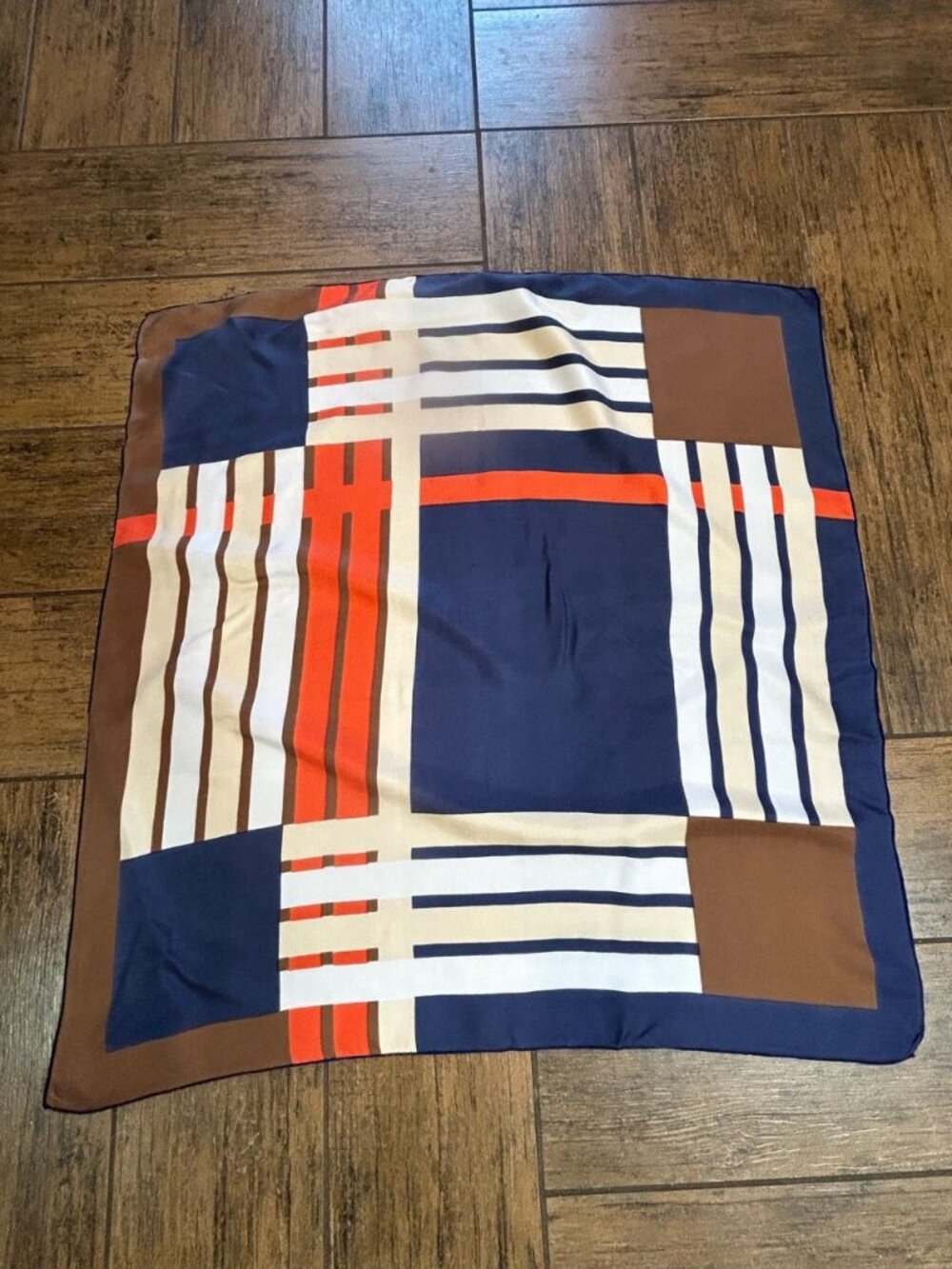 Vintage 70s 80s Geometric 24" Square 100% Silk Scarf Blue Brown Orange - Picture 9 of 9
